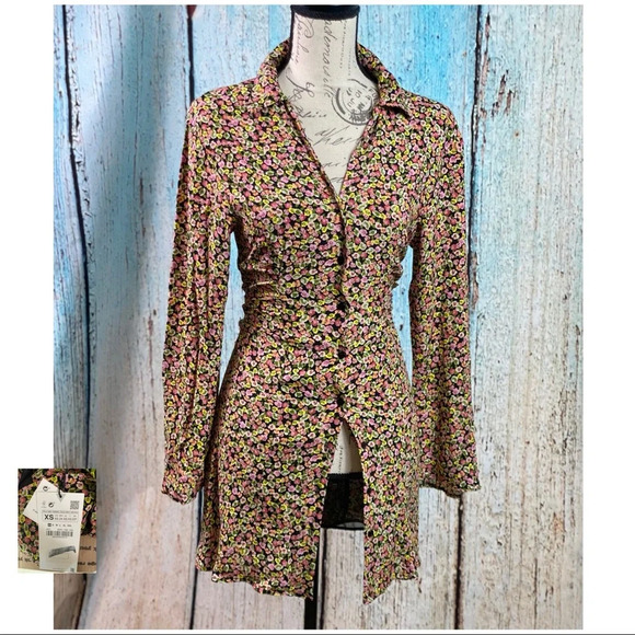 ZARA NWT Black Multi Floral Ditsy Button Up Dress - Picture 2 of 14